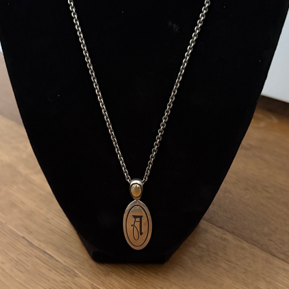 Ann King Monogram Oval Pendant Necklace in Sterling Silver with Gold 18k Accents